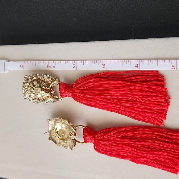 Lux Gold Lion Face Earrings with Red Tassel - Picture 6 of 6